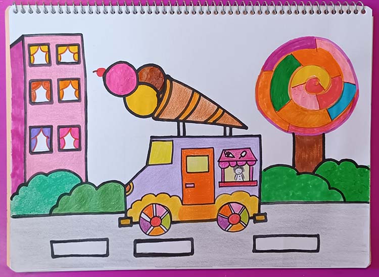 آموزش رایگامن نقاشی کودک ماشین بستنی فروش